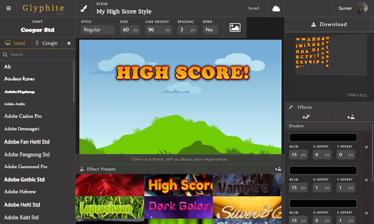 portfolio screenshot of the Glyphite font-building web-app
