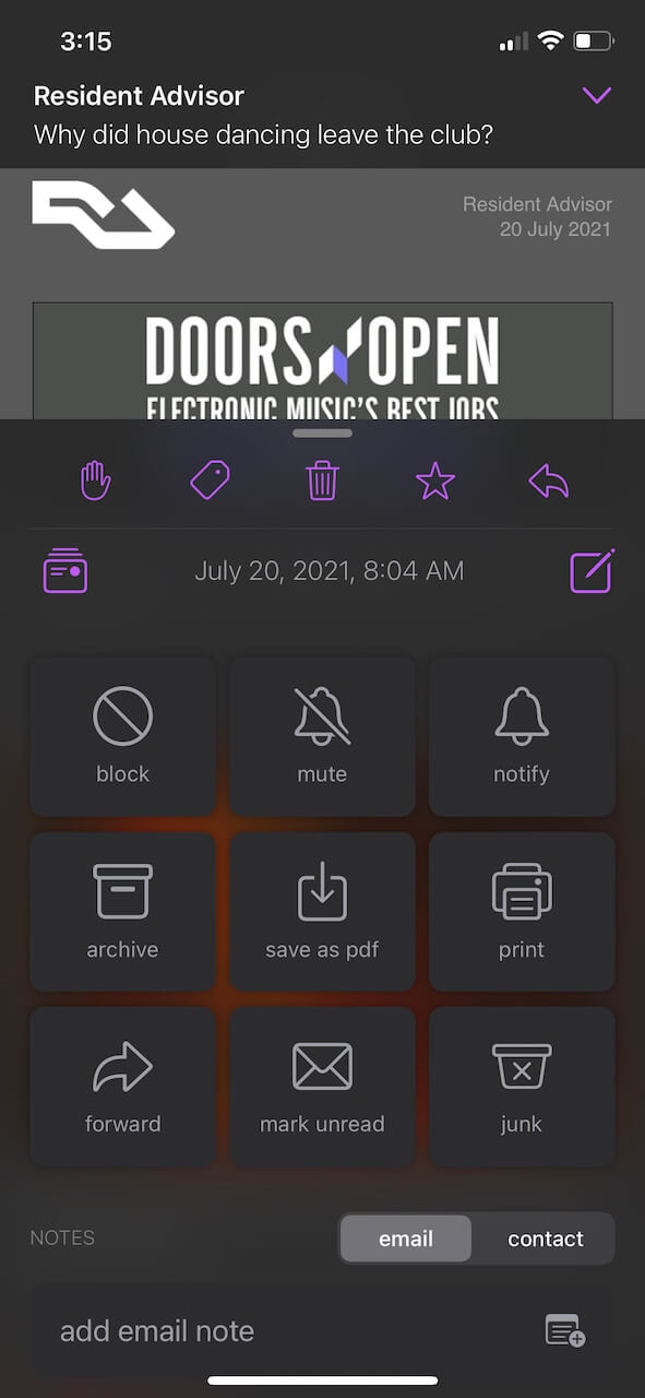 portfolio screenshot of the message view of Psymail, an iOS email app prototype